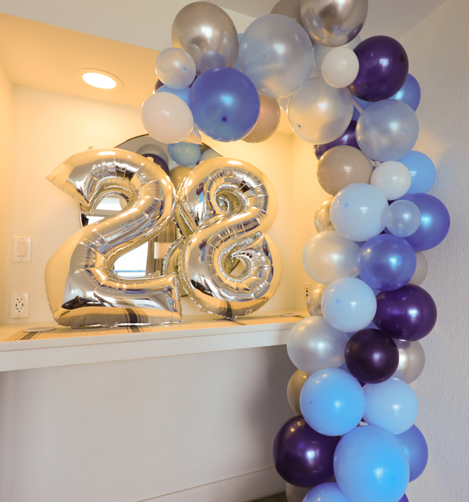 Silver 28 balloon numerals and balloon arch