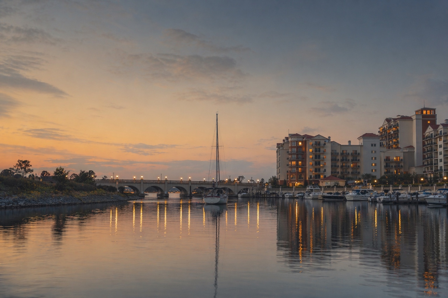 Grande Dunes Marina at twilight — the boardwalk walk before dinner
